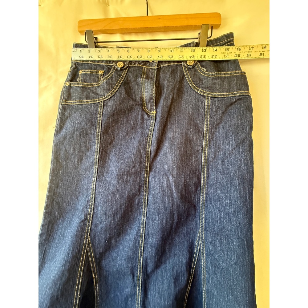 Utility Womens Dark Wash Denim Midi Skirt Contrast Stitch Size 12 Flared Indigo - Picture 3 of 6